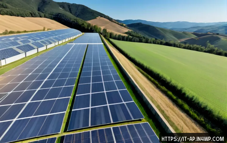 비트코인과 암호화폐의 환경적 영향 - Photorealistic aerial view of a large renewable-energy-powered data center in the Italian countrysid...